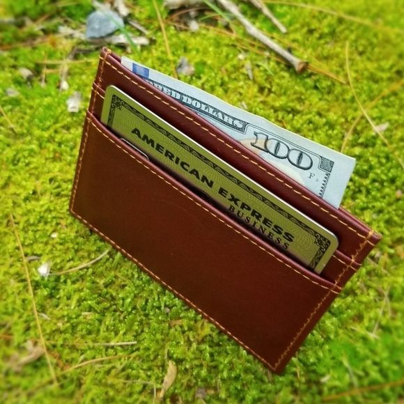 Men's Genuine Crazy Horse Leather Card Case Red - Picture 3 of 5